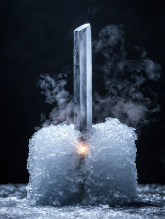 Glowing crystal in icy winter sceneの素材