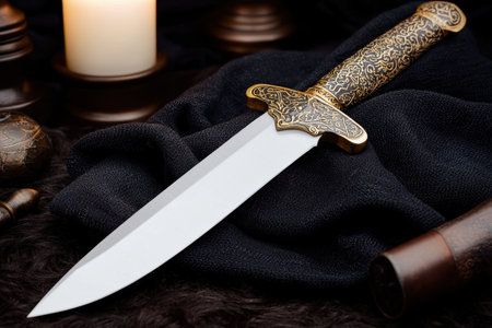 Ornate golden dagger on dark fabricの素材