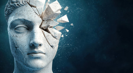 Shattered stone face with cracked expressionの素材