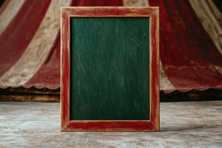 Vintage green chalkboard frame on wooden tableの素材