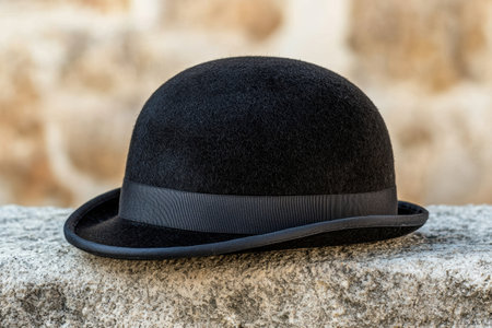 black bowler hat on stone surfaceの素材