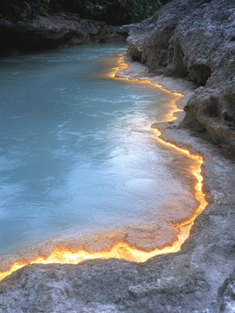 Serene turquoise river with glowing golden edgesの素材