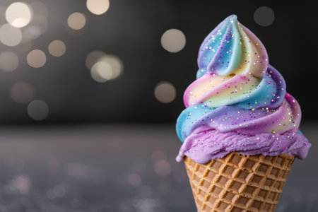 colorful ice cream swirl in waffle coneの素材