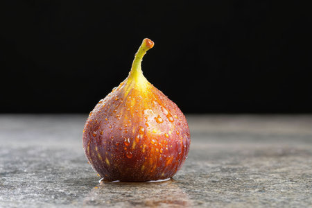 Close-up of a ripe fig fruit with water dropletsの素材