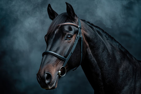 Powerful black horse with harness in dark moody atmosphereの素材