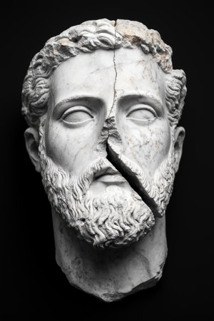 Cracked stone face sculpture with intricate detailsの素材