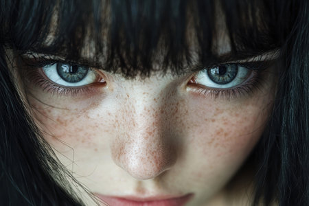 Piercing gaze of a young woman with dark hairの素材