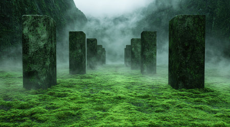 Mystical forest landscape with towering stone pillarsの素材