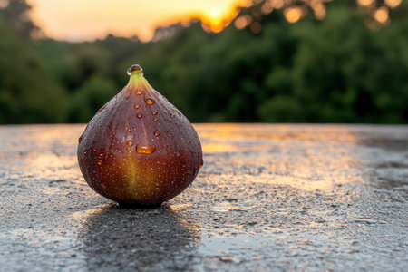 Ripe fig with water droplets on wooden surface at sunsetの素材