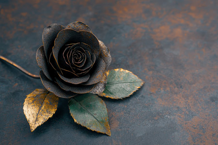 Dark rose with leaves on rustic backgroundの素材