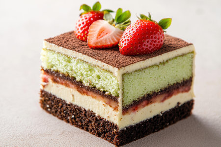 Delectable layered dessert with chocolate sponge and vibrant strawberriesの素材