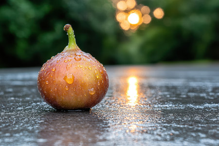 Wet autumn pear with water droplets on dark surfaceの素材