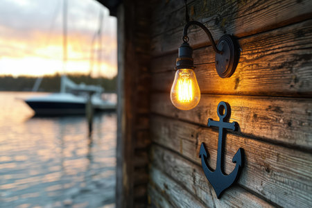 Cozy cabin by the lake at sunsetの素材