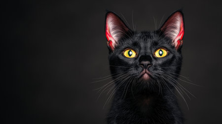 Intense stare of a black cat with glowing eyesの素材
