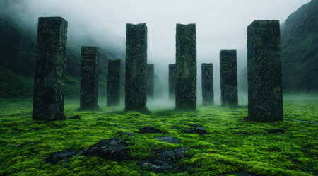 Mysterious stone monoliths in a misty, moss-covered landscapeの素材