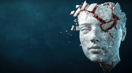 Cracked and weathered stone face sculptureの素材