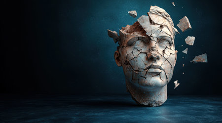 cracked stone face sculpture in waterの素材