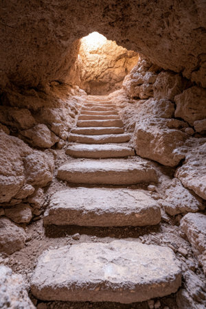 Stairs leading through a caveの素材