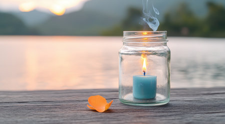 Peaceful sunset lake scene with candle and flower petalの素材