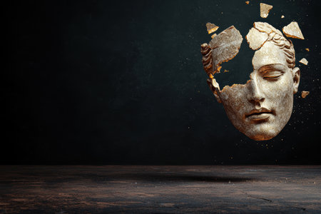 Cracked and weathered stone face with golden highlightsの素材