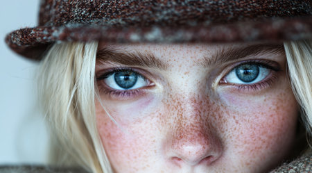 Close-up of a woman's face with striking blue eyes and frecklesの素材