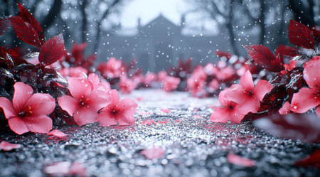 Snowy winter wonderland with vibrant pink flowersの素材