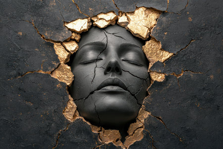 cracked face emerging from dark backgroundの素材