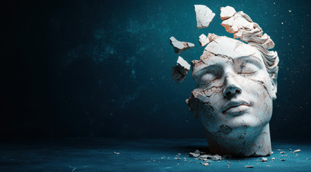 Broken statue head on dark backgroundの素材