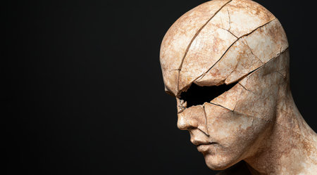 Cracked stone face sculpture in the darkの素材