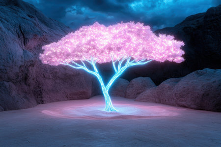 Glowing pink tree in snowy mountain landscapeの素材