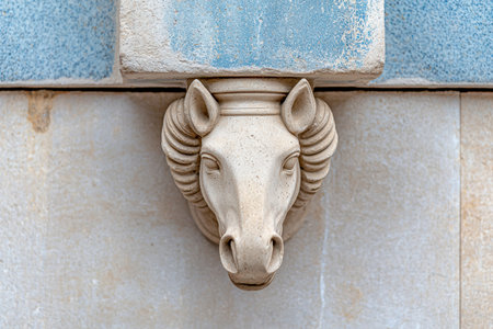 Decorative stone horse head sculpture on buildingの素材