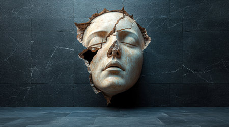 Fractured face sculpture emerging from cracked wallの素材