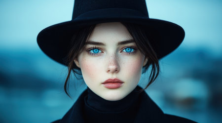 mysterious woman in black hat with striking blue eyesの素材
