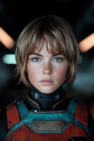 Futuristic female warrior with intense expressionの素材