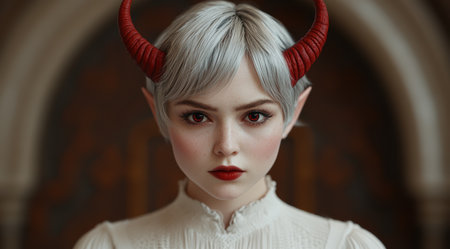 Mysterious woman with horns and red lipsの素材
