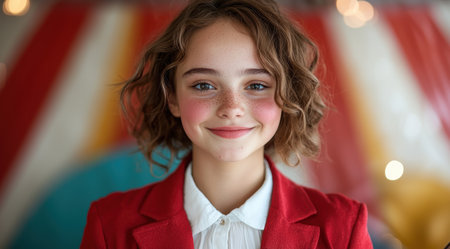 young woman with curly hair in red coat smilingの素材