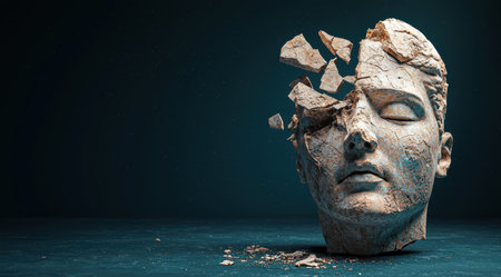 Cracked stone face sculpture on dark backgroundの素材