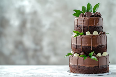 Decadent chocolate cake with dripping ganache and fresh leavesの素材