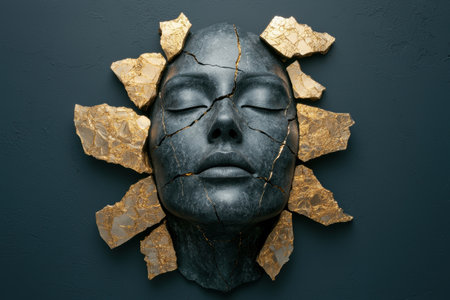 Cracked face sculpture with golden fragmentsの素材