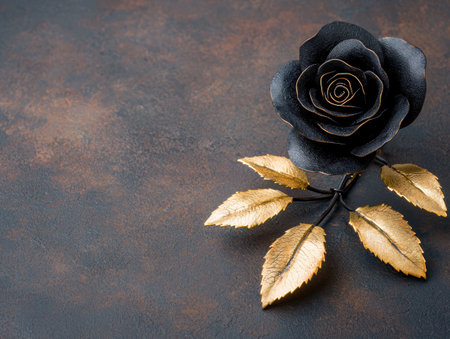 black rose with golden leaves on dark backgroundの素材