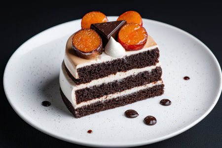 Delicious chocolate and orange cake slice on white plateの素材
