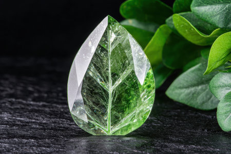 Transparent crystal quartz gemstone on dark background with green leavesの素材