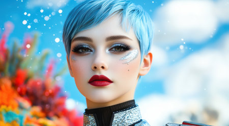 Winter fashion portrait of a woman with blue hairの素材