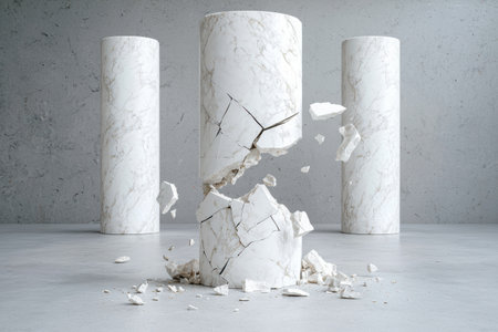 Cracked marble columns on concrete floorの素材
