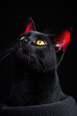 Captivating close-up of a black cat with glowing yellow eyesの素材
