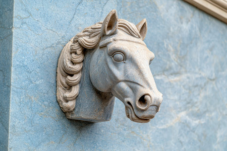 Ornate stone horse head sculpture on wallの素材
