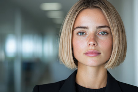 Thoughtful young woman with blonde hair and blue eyesの素材