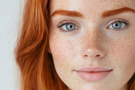 close-up portrait of a young woman with red hair and frecklesの素材