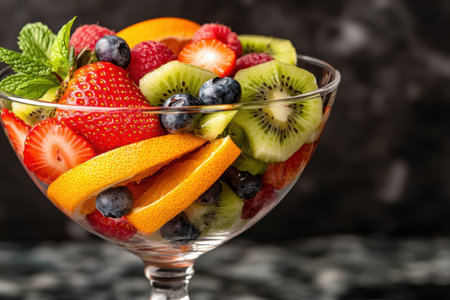 Colorful fresh fruit salad in glass bowlの素材