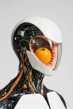 Futuristic robot with fruit inside its headの素材
